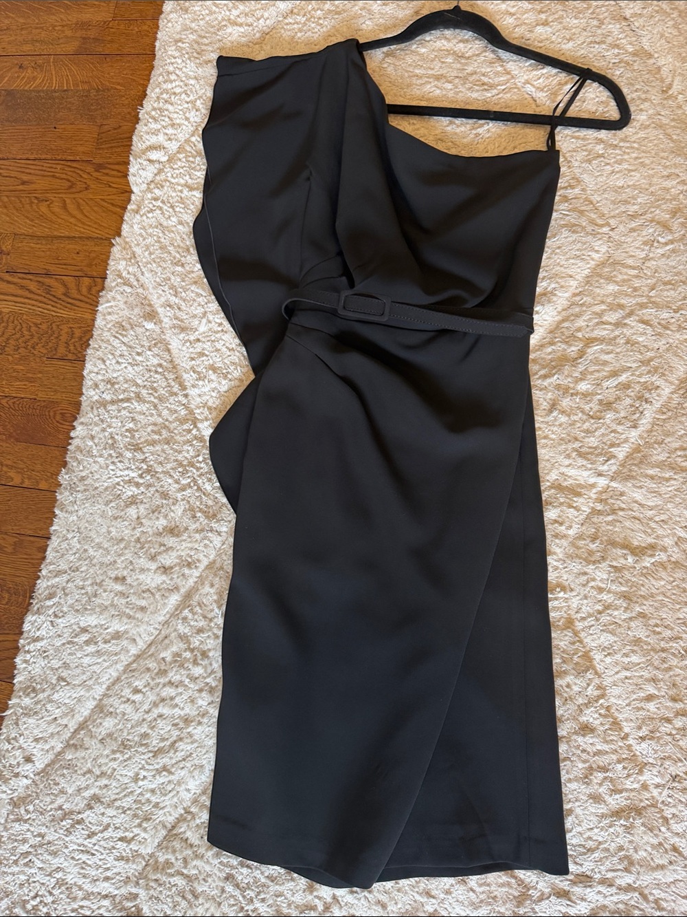 Black One-Shoulder Midi Dress with Belt